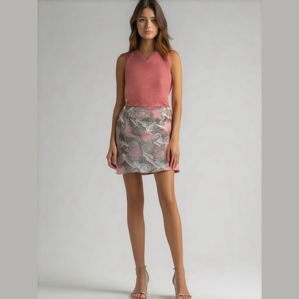 Ann Taylor Loft Size 14 Taupe &  Pink Floral with Pockets 100% Cotton Mini Skirt